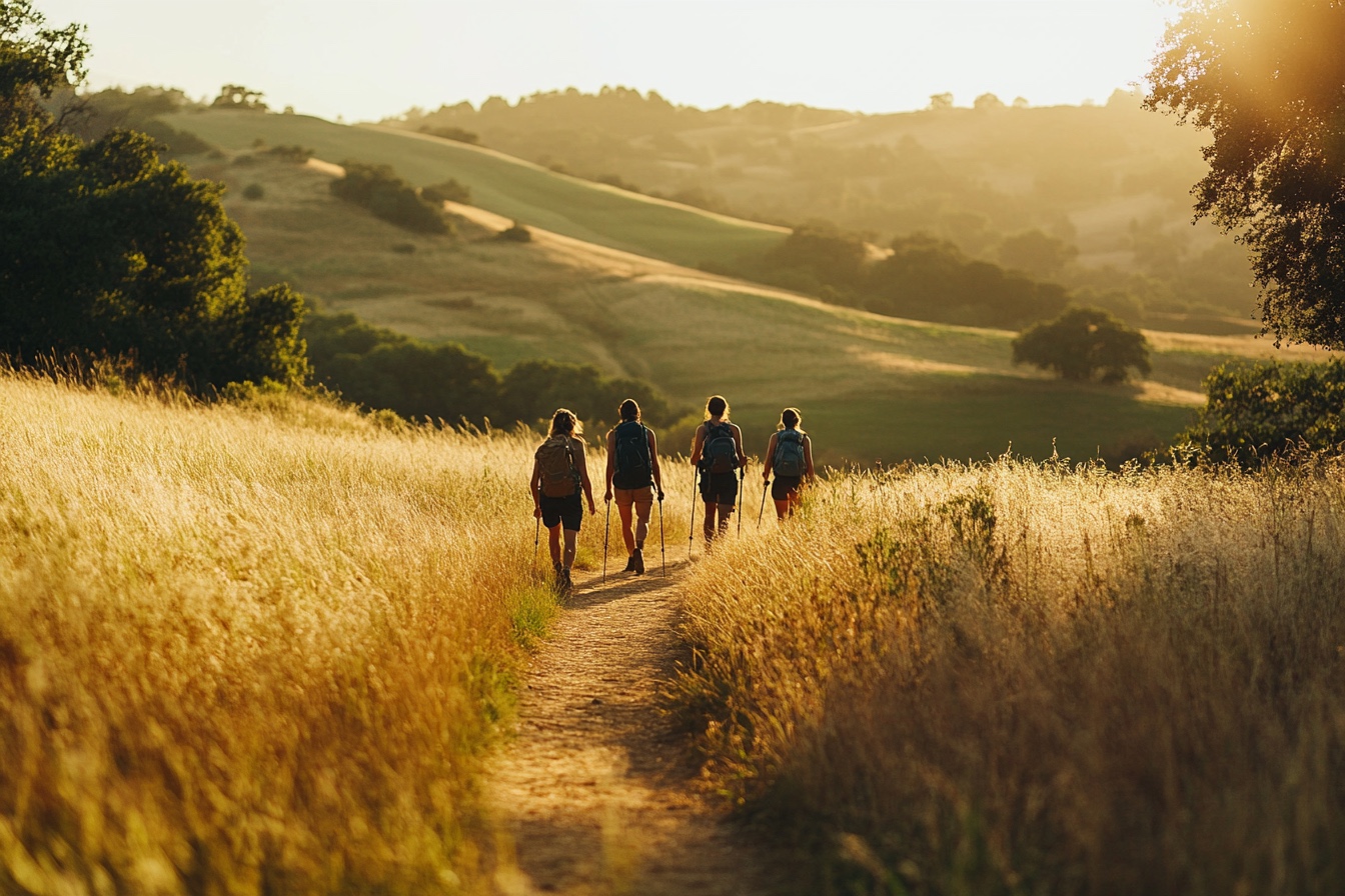 A small group walking a sunlit path together