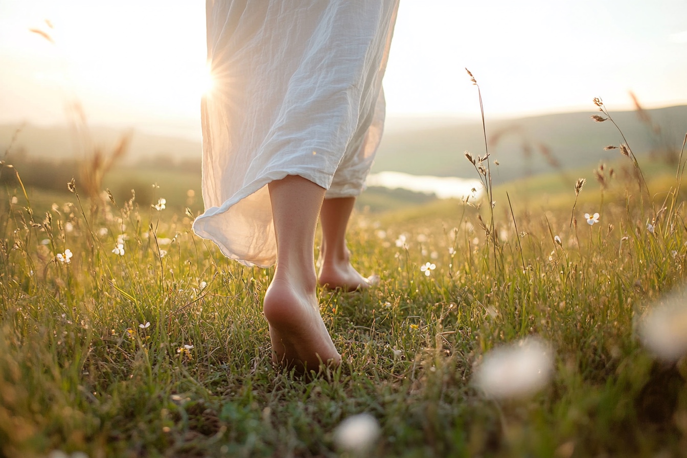 Bare feet walking through a sunlit field