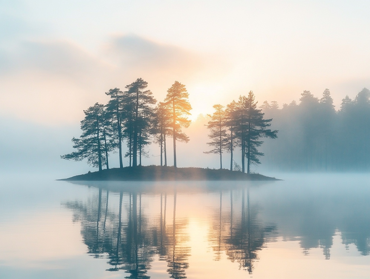 A quiet misty lake at sunrise