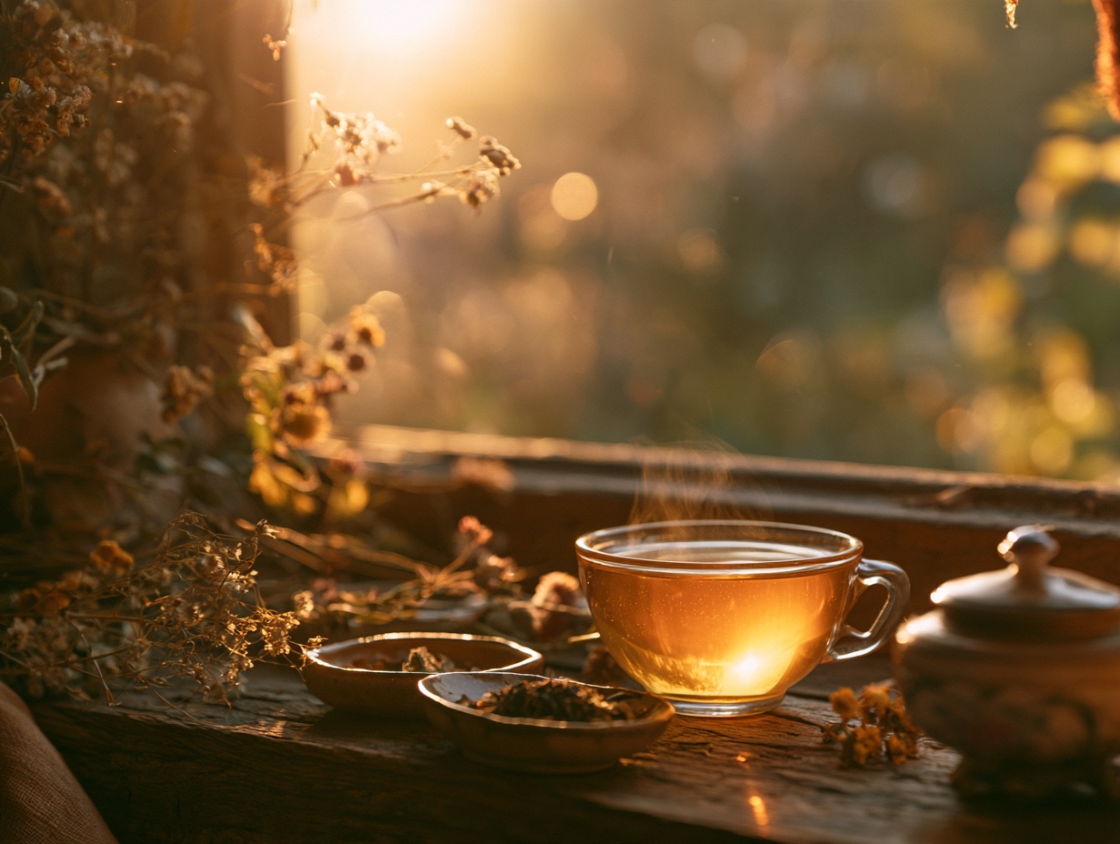 A warm cup of herbal tea in golden light