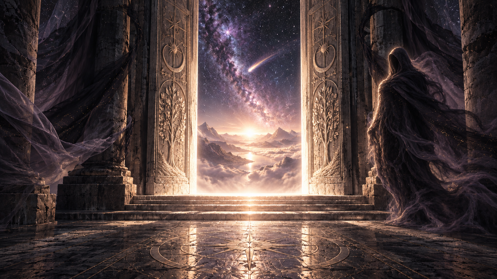 A shadowy entity beside the right columns of an illuminated temple doorway opening onto a starfield and comet