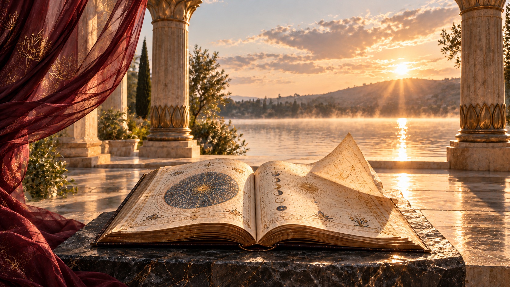 An open manuscript on a stone table beside a sunlit lake, framed by lotus columns and burgundy silk