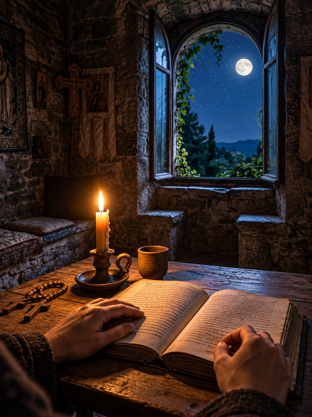 Studying an open book by candlelight with the moon visible through an open window