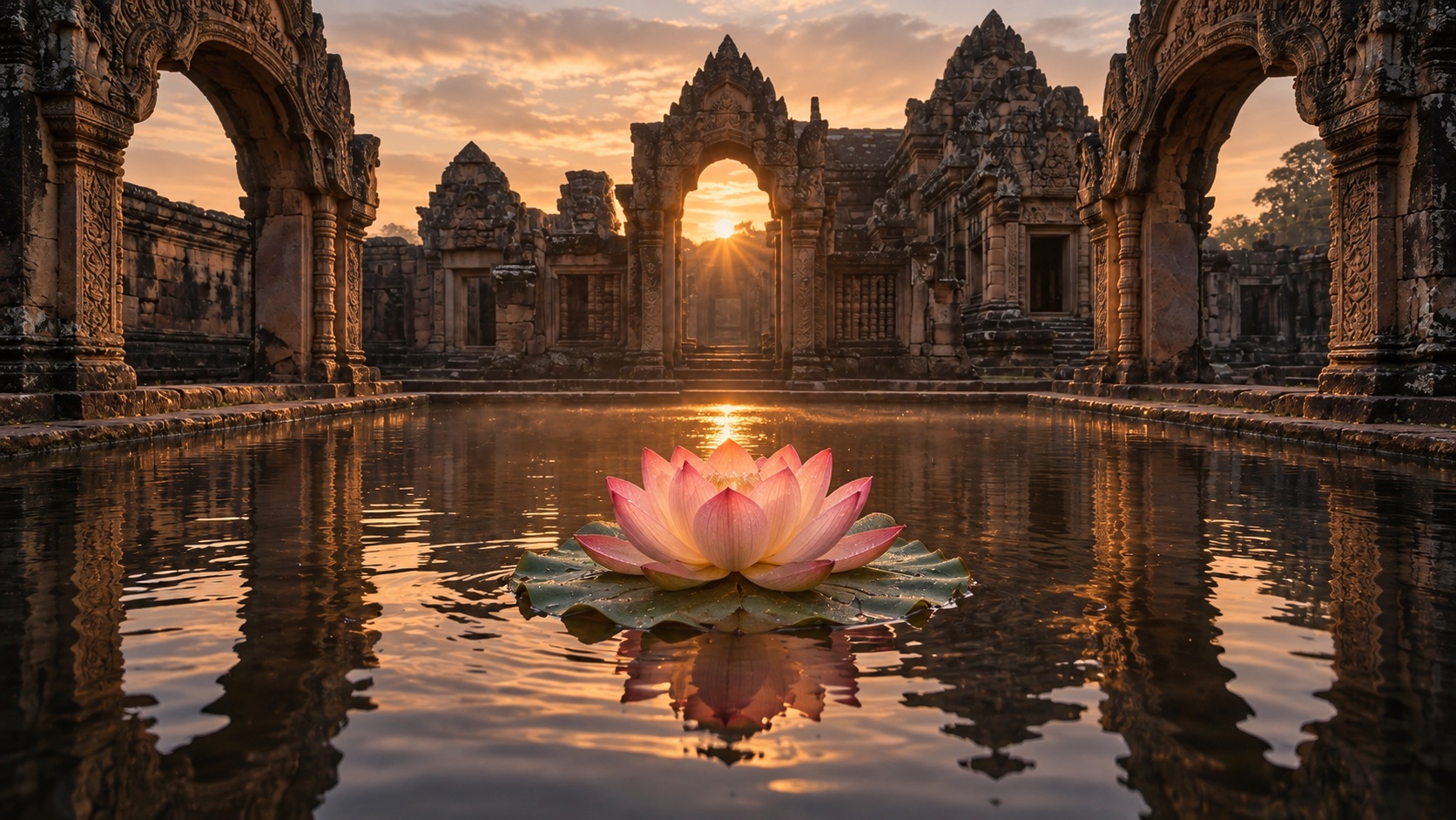 Field VI The Infinite Heart: a pink lotus on a temple pool in natural sunrise light